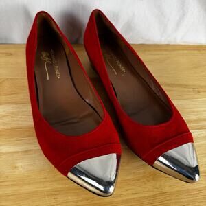 Donald J Pliner Red Suede Pointed Toe Low Wedge Heels Silver Cap 8M Womens Dress
